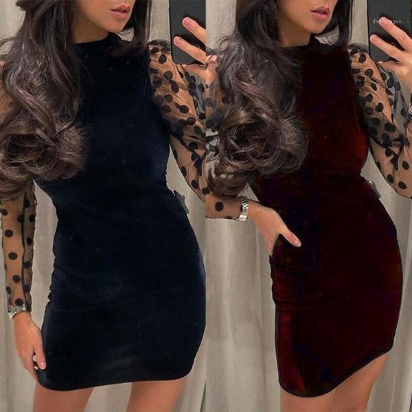 

imcute 2020 women wine red see-through turtleneck long sleeve polka dot mesh tulle evening party short mini dress backless1, Black;gray