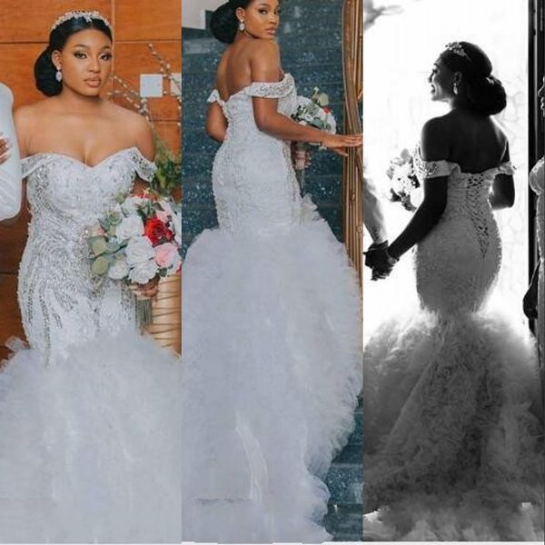 

2021 arabic aso ebi mermaid wedding dresses luxury crystal beaded off shoulder ruffles tiered chapel train african garden weddings gown vest, White