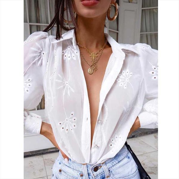 

boho inspired cotton blouse white long sleeve shirts perforated pattern women 2021 spring summer casual beach cover up
