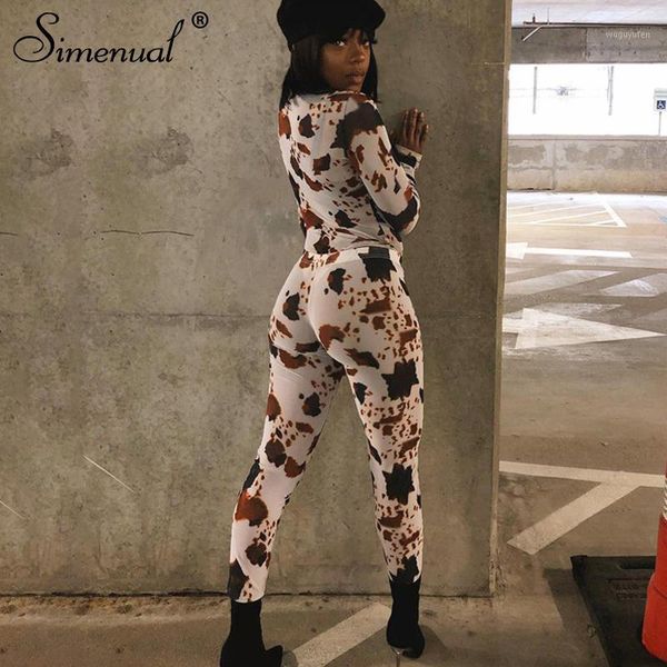 

simenual mock neck and leggings two piece sets cow print long sleeve women skinny workout casual lounge matching set sporty1, Gray