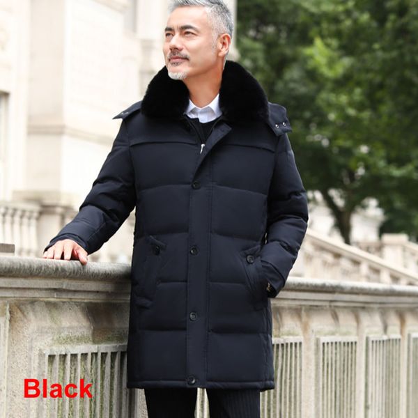 

2020 winter thick long men's down jacket luxury fur collar new style middle age men casual warm hooded down coats, Black