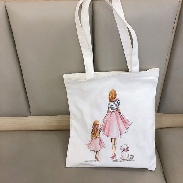

street fashion super mother daughter happiness hand in hand print shoulder canvas bag casual cute harajuku kawaii ladies bags