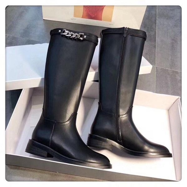 

2020 women boots genuine leather knight boots comfortable chain decoration pure color round toe slip on designer, Black