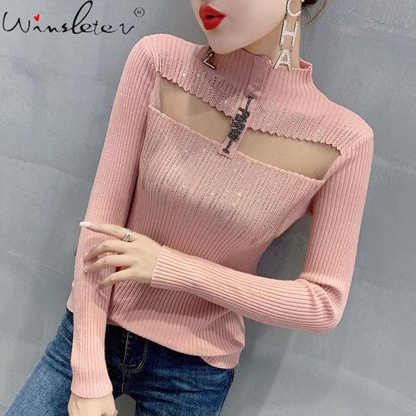 

fall winter korean style knitted sweater chic shiny diamonds patchwork mesh transparent women all match bottoming t0d502a, White;black