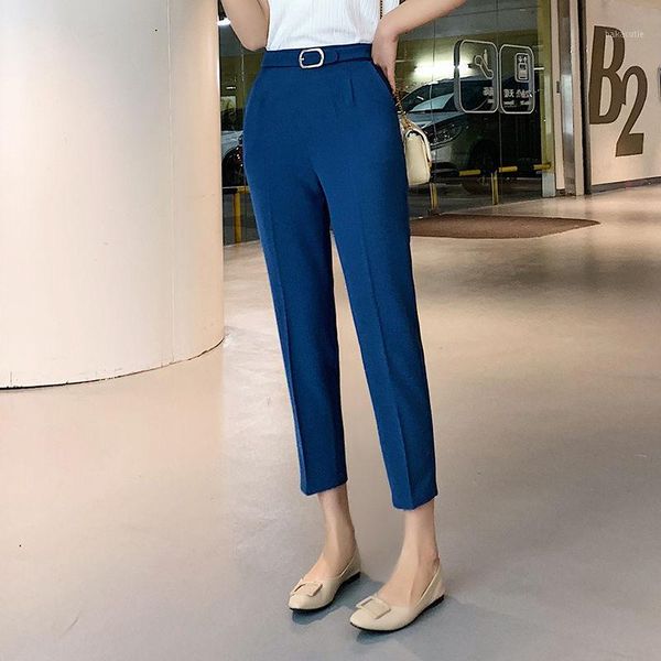 

2020 new plus size women elegant suit pants sashes pockets zipper ladies solid high waist pants work wear casual trousers l421, Black;white