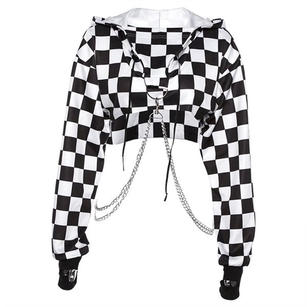 

street women hooded cut off front hoodie crop jumper pullover chain stitching short loose sweatshirt y200915, Black