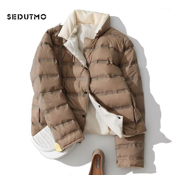

sedutmo winter ultra light duck down coat women double sided short jackets slim autumn puffer jacket pocket casual parkas ed9201, Black