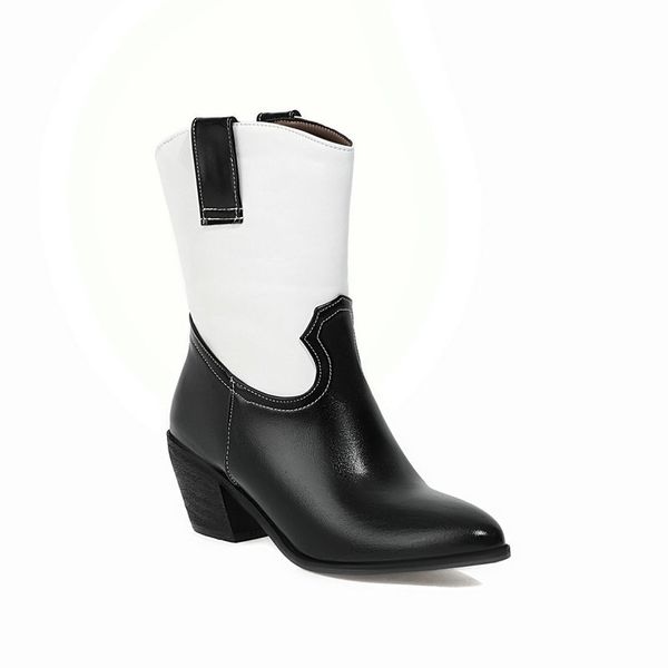 

new 2021 round toe slip on shoes autumn winter square high heel ankle pu leather fashion women boots size 34-43 lbnt, Black
