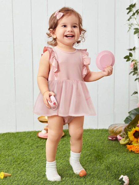 

baby ruffle trim contrast schiffy combo bodysuit dress she, Red;yellow