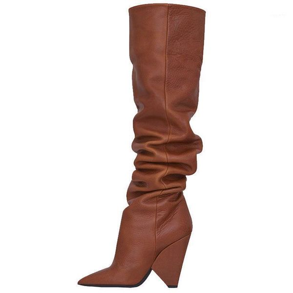 

new pointed toe spike heels folds leather thigh high boots slip-on over the knee boots for women fashion winter women1, Black