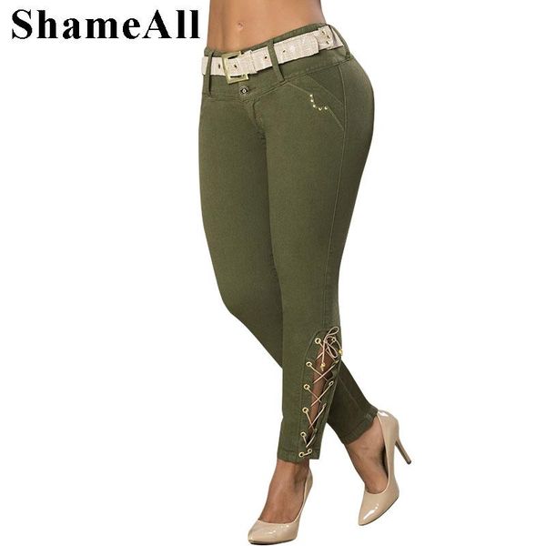 

women's jeans plus size hollow out lace up army green denim pencil pants 3xl 5xl women push stretch skinny long large mom jean, Blue
