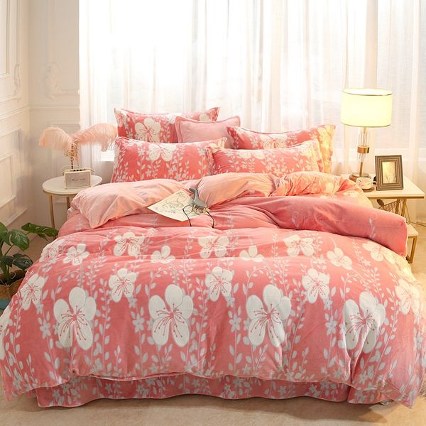 

flowers flannel double-sided duvet quilt cover set soft comfortable thickened warm quilt cover bedsheets pillowcase bedroom dhl wx9-1901