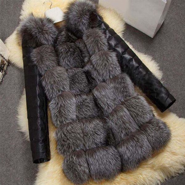 

fashion winter women imitation fur coat pu leather long sleeve jacket keep warm outwear lady casual overcoat s-2xl h, Black