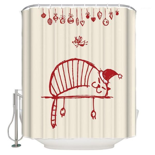 

red kitten hat winter theme shower curtain waterproof polyester bath curtain1
