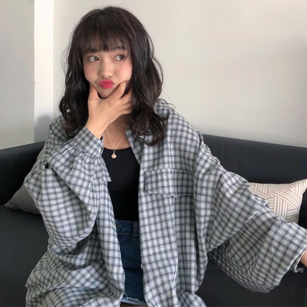 

womens plaid single breasted loose shirts spring summer full sleeve simple all-match female shirt 2020 korean ladies clothes1, White