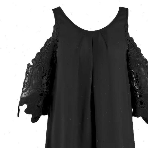 

solid color women shirt cold shoulder o neck female tank hollow lacy sleeve pleat lady blouse top, White