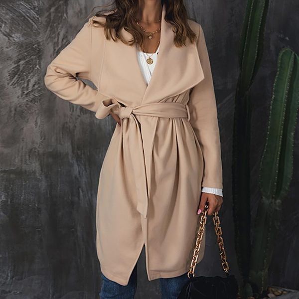

women's wool & blends solid color woolen trench outerwear women lace up cardigan coats autumn winter long jackets overcoat belted coat, Black