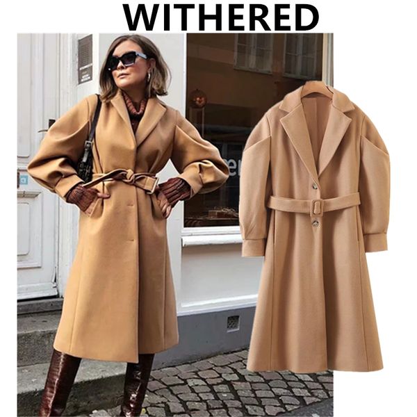 

withered winter coat women instagram fashion blogger vintage puff sleeve oversize khaki loose long coat woolen overcoat womenx1020, Black