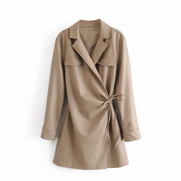 

2021 new faux leather mini women winter fashion long sleeve tied wrap dress woman vintage high street ladies dresses plej, Black;gray