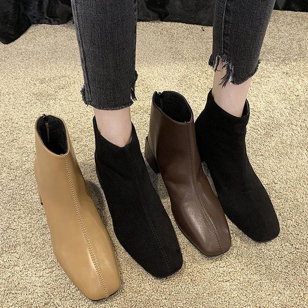 

women boots woman ankle shoes ladies sewing zipper solid elegant mid heels female classical square toe new, Black