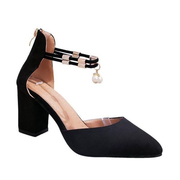

2021 new all-match high-heeled women's thick heeled shallow sandals sandals word buckle rhinestone pointed shoes women, Black