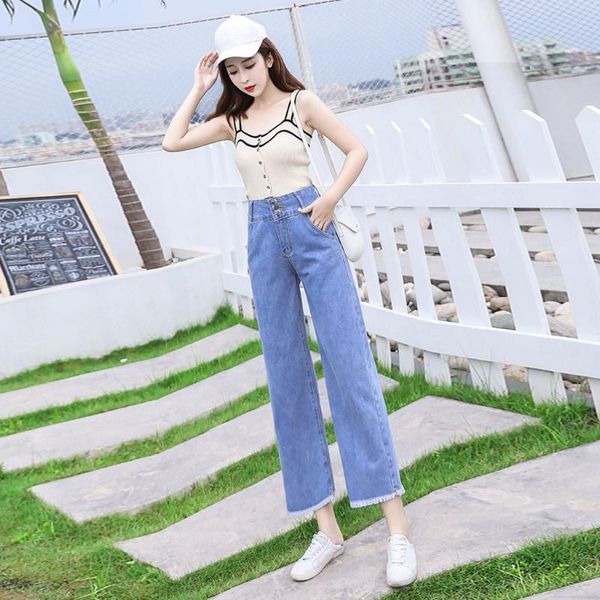 

2020 women's high waist button jeans ankle length wide legs denim pants casual comfortable women denim trousers #3, Blue