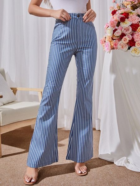 

sbetro striped print high waist flared leg pants d3um#, Black;white