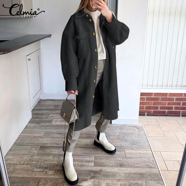 

celmia winter new warm fleece coats women fashion wools fluffy long sleeve faux casual loose buttons woolen long outerwear s-5xl1, Black