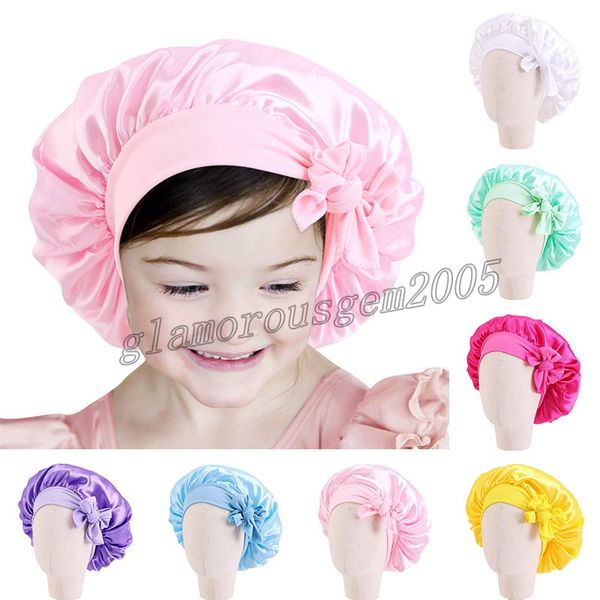 

children's round cap candy color cute high elastic streamer satin night sleep hat autumn warm breathable windproof baotou cap, Blue;gray
