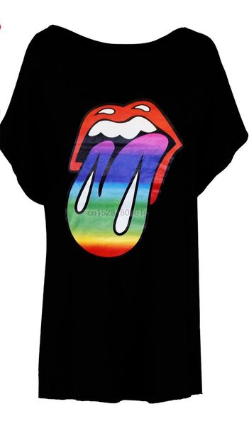 

womens ladies batwing lips rainbow basic casual baggy oversized tee t-shirt fashion tee shirt sport hooded sweatshirt hoodie