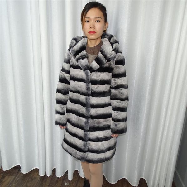 

chinchilla new fur jacket of 85 long real rex fur coat women, Black