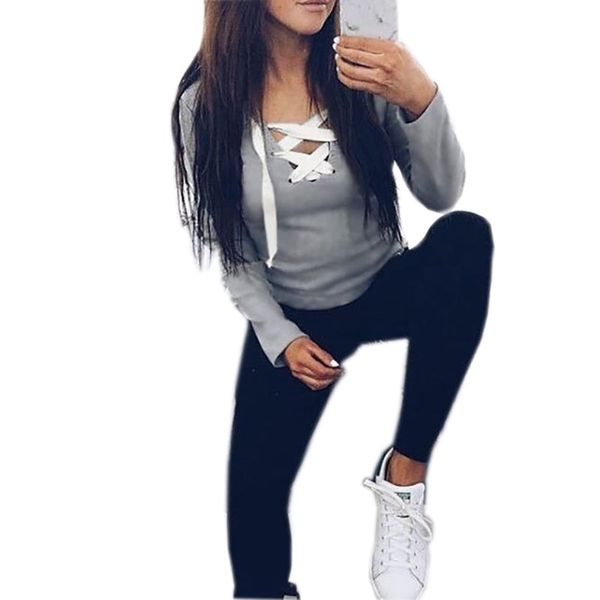 

kawaii sweatshirts fashion long sleeve v-neck bandage hoodies shirts casual women gv371 y200915, Black