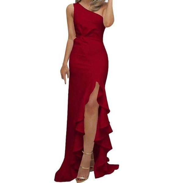 

women one shoulder evening party ruffles club strap dresses summer elegant sleeveless high split long maxi dress, Black;gray