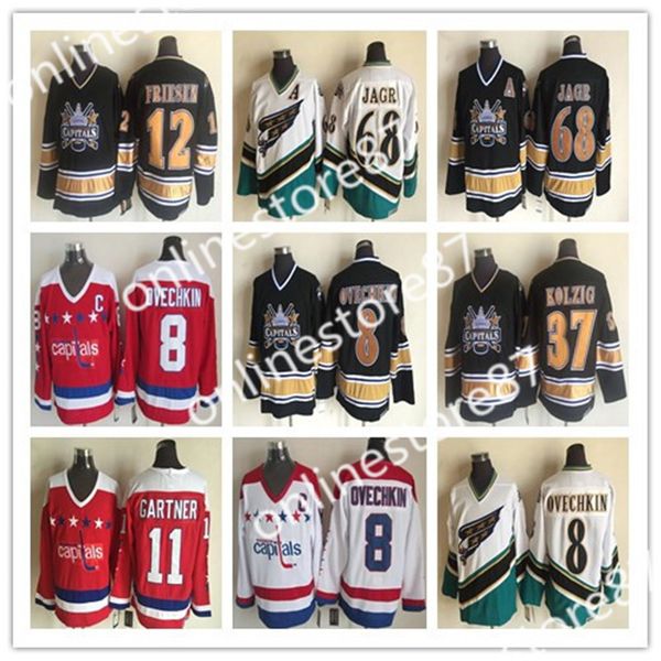 

1990 vintage washington capitals alex ovechkin jerseys 37 kolzig 12 jeff friesen 68 jaromir jagr classic hockey stitched red white black