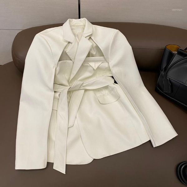 

2021 new ladies fashion long sleeve lapel solid color lace triangle hollow green leather suit 01051, Black