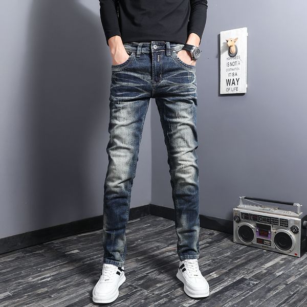 

2021 new italian style fashion men jeans retro blue wash elastic slim fit ripped denim trousers vintage designer casual cotton pants tfs4