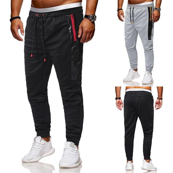 

men pants new european men's color contrast stitching fastening belt zipper pocket belt leg slim casual pants1, Black