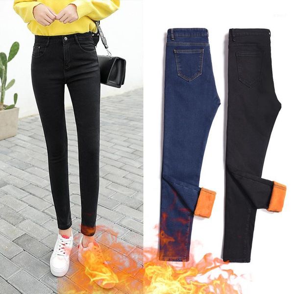 

women's stretch high waist jeans 2019 new winter fashion plus velvet thick warm pencil denim pants plus size1, Blue
