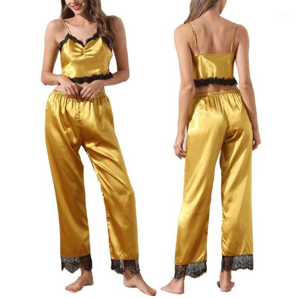 

women's tracksuits women v neck imitation silk lace brim crop long pants pajama sleepwear nightwear cute cami and shorts1, Gray