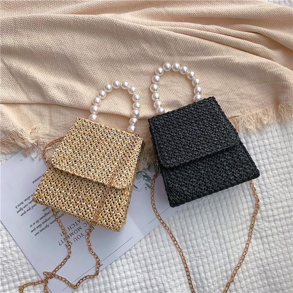 

beach women messenger bag brand designer flap shoulder small tote bag straw woven lady handbag summer new pearl crossbody