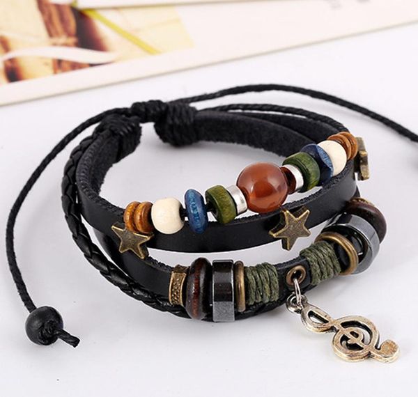

bracelet hippie charm note gypsy beads layers brown g black boho wrap star clef leather adjustable wooden metal musical wmtnc, Golden;silver