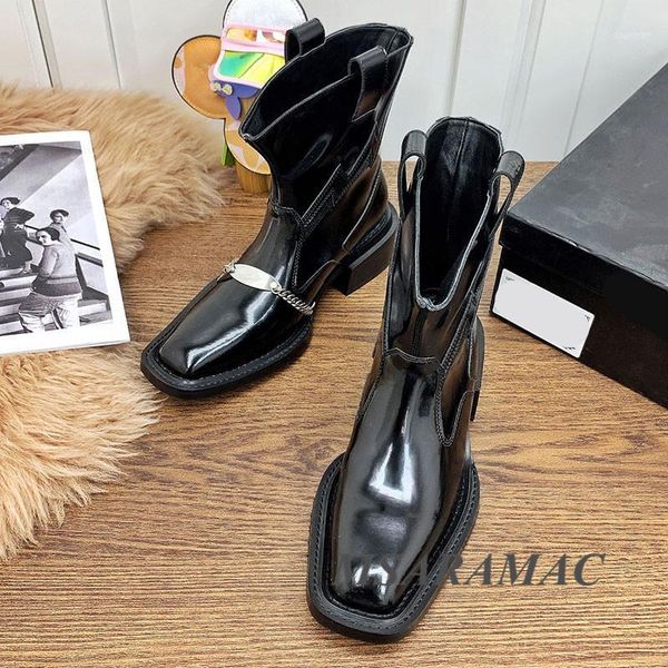 

boots fashion punk style chain decoration knight leather square toe thick heel short stylish street ladies ankle1, Black