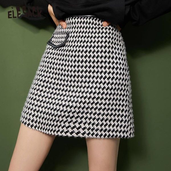 

elfsack houndstooth zipper high waist casual women mini skirts,2021 autumn elf chic pocket,korean ladies daily bottom, Black