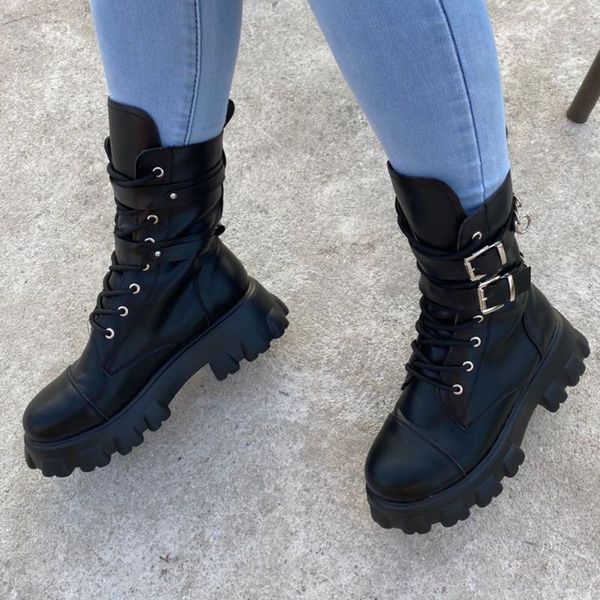 

boots autumn women mid-calf platform wedges heel round toe black corss-tied buckle motorbiker boot fashion ladies shoes1