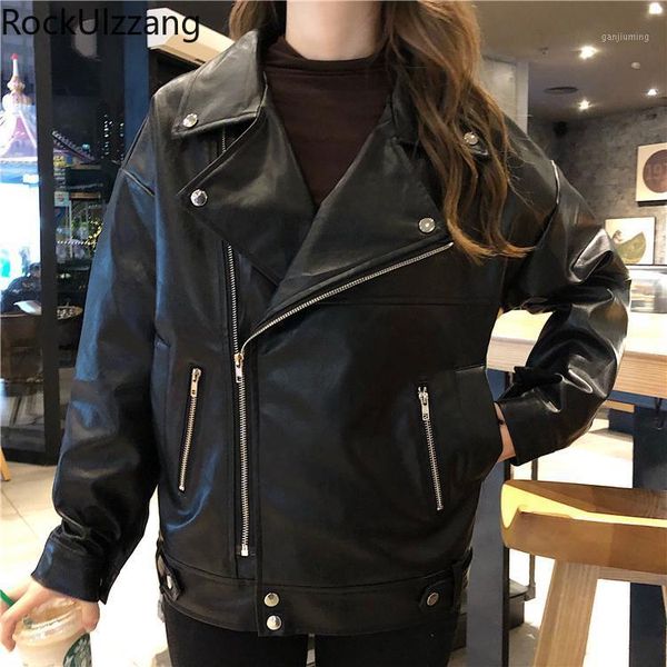 

fall loose irregular zipper pocket button lapel motorcyle black faux pu leather jacket coat women korean fashion windbreaker, Black;brown