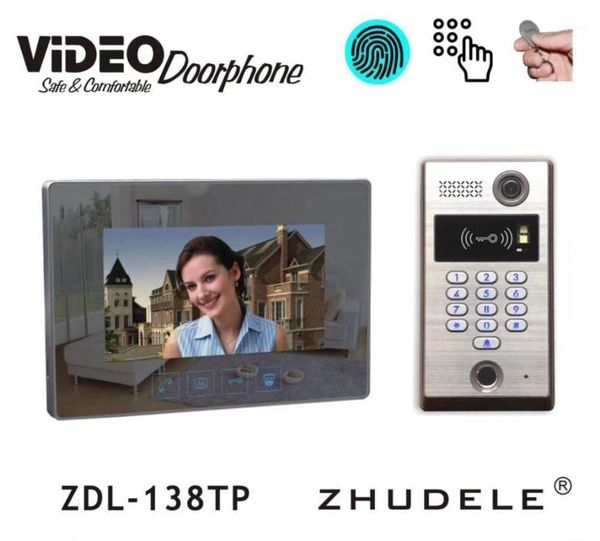 

zhudele 7 inch monitor wired video door phone doorbell entry intercom kit fingerprint rfid password & id card unlocking camera1