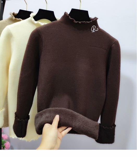 

new 2021 autumn winter fur basic warm velvet sweater pullovers women female high-neck fleece thick turtleneck knit jumpers cj8v, White;black