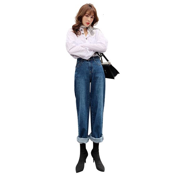 

korean women jeans female spring new show thin high waist daddy pants wide leg loose straight pants womens clothing, Blue