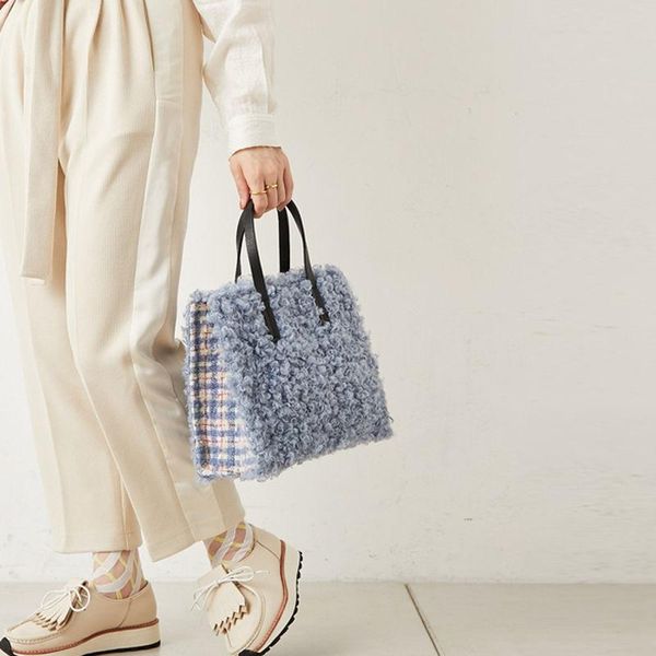 

autumn and winter 2021 plush bag women's plush lattice tote bag niche design japan and south korea handbag large capacity