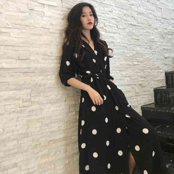 

superaen summer elegant womens long dress korean style fashion v-neck ladies casual half sleeve dot female, Black;gray